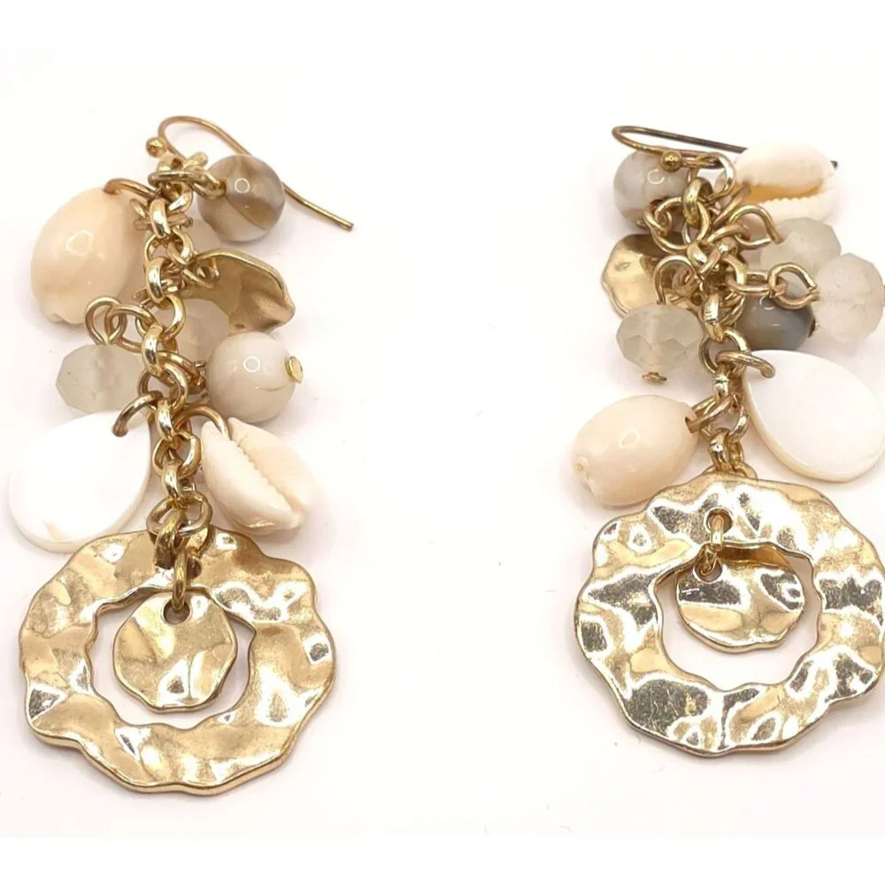 Bohemian Style Gold Tone Seashell & Bead Dangle Earrings - Picture 1 of 8